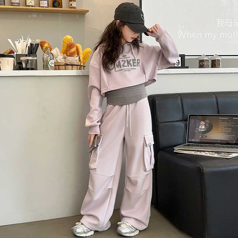 女童卫衣工装裤三件套春秋款2024新款设计感背心短款上衣儿童套装