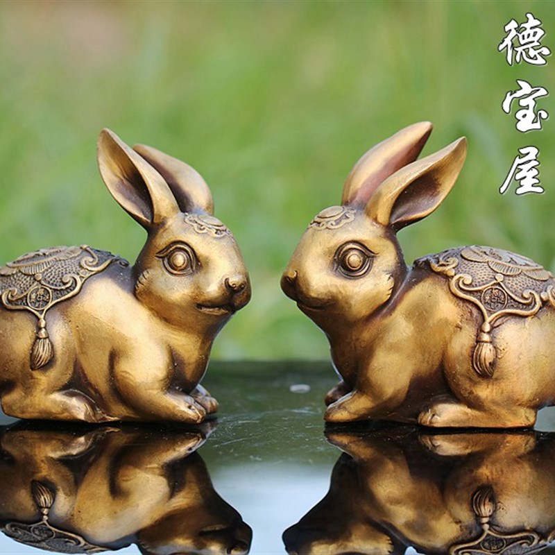 包邮纯铜兔子财富一对招财福字小号招财进宝生肖仿古黄铜卧室摆件