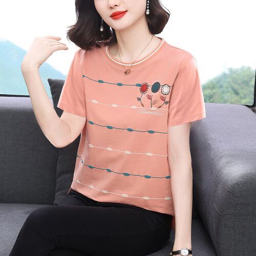 纯棉短袖t恤女妈妈夏装2024新款中老年宽松大码上衣时尚洋气小衫