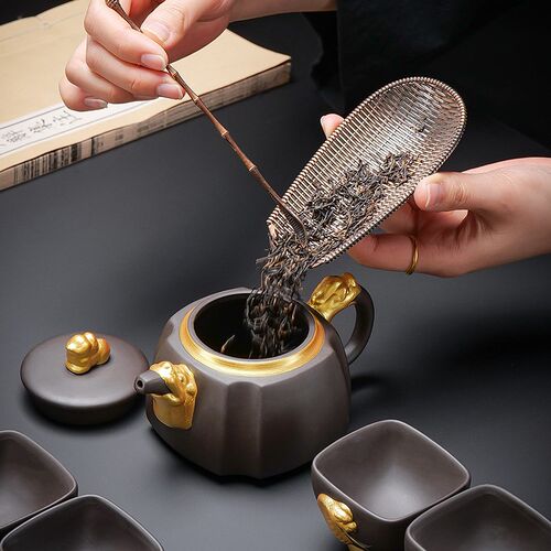 原矿紫砂貔貅壶手工描金功夫茶壶家用复古大容量泡茶壶高端泡茶器