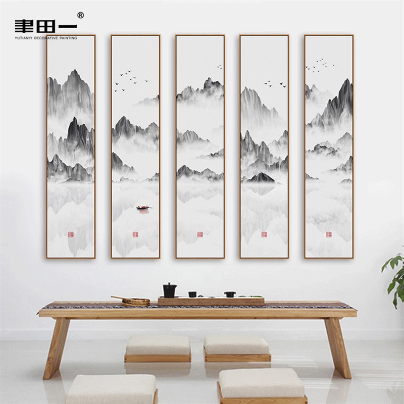 客厅新中式山水装饰画玄关展厅大幅五联挂画河山渔船书房禅意壁画