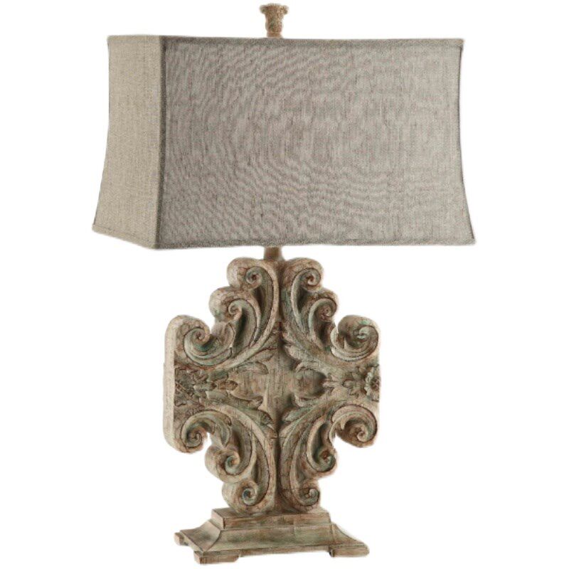 美式乡村复古台灯创意木艺雕刻别墅客厅装饰灯书房照明卧室床头灯