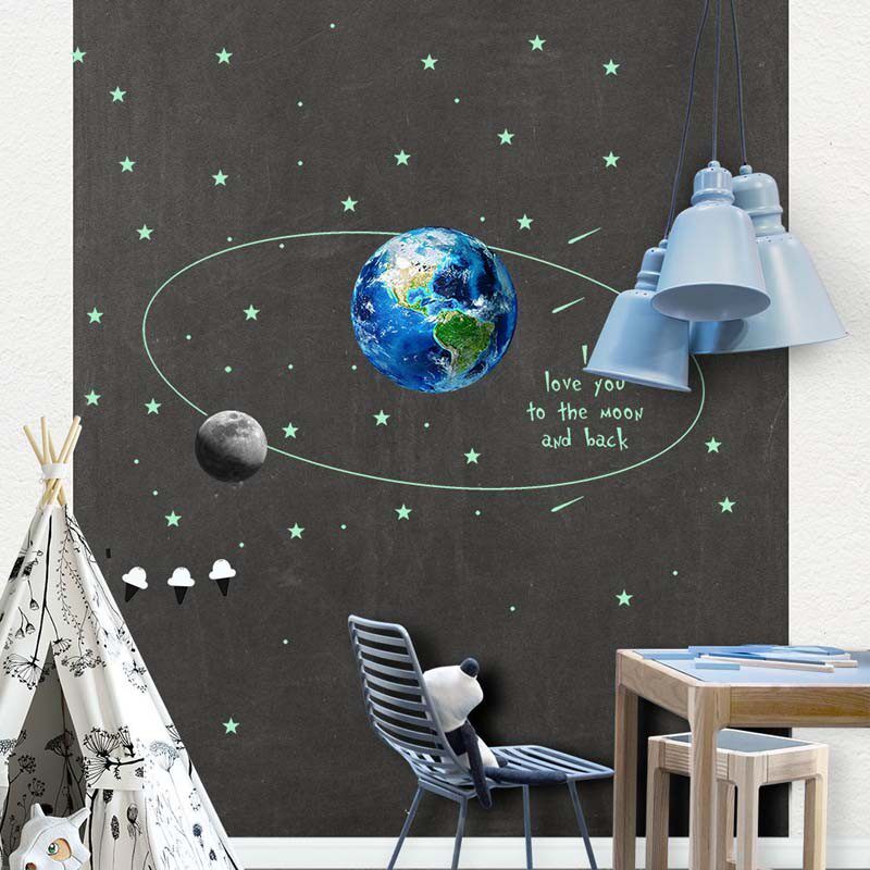 新款夜光地球月球组合墙贴儿童房间地月系30cm月亮星星荧光壁贴画