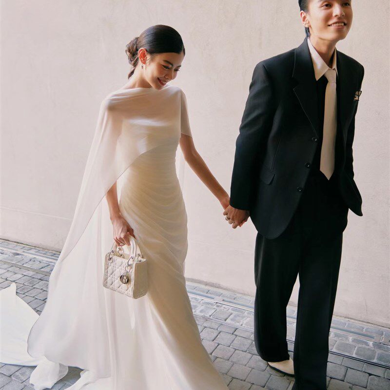 新娘婚纱礼服缎面雪纺披肩长款坎肩围脖披肩颈纱摄影拍照造型配饰
