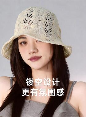 日系手工针织2026新款渔夫帽女春夏大头文艺风褶皱透气遮阳盆帽潮