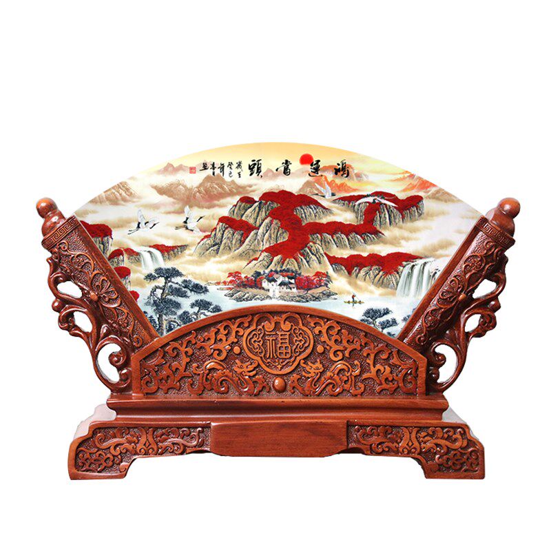 鸿运当头扇形玉石摆件定制办公室桌面背景柜客厅玄关屏风装饰礼品