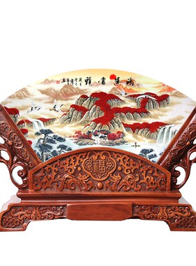 鸿运当头扇形玉石摆件定制办公室桌面背景柜客厅玄关屏风装饰礼品