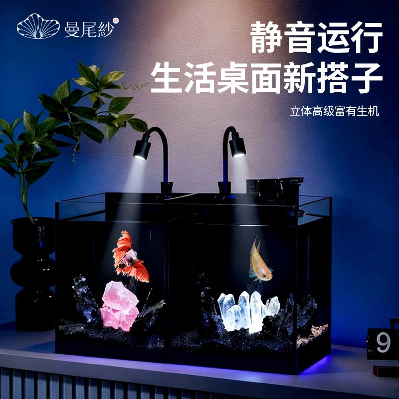曼尾纱斗鱼专用超白玻璃桌面小型鱼缸繁殖双格暗黑风带灯加热过滤
