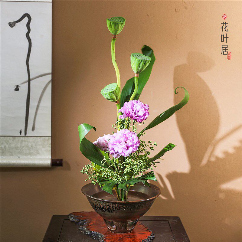 陶瓷中式仿柴烧梅花碗插花花盆大花器水培摆件客厅桌面装饰花瓶
