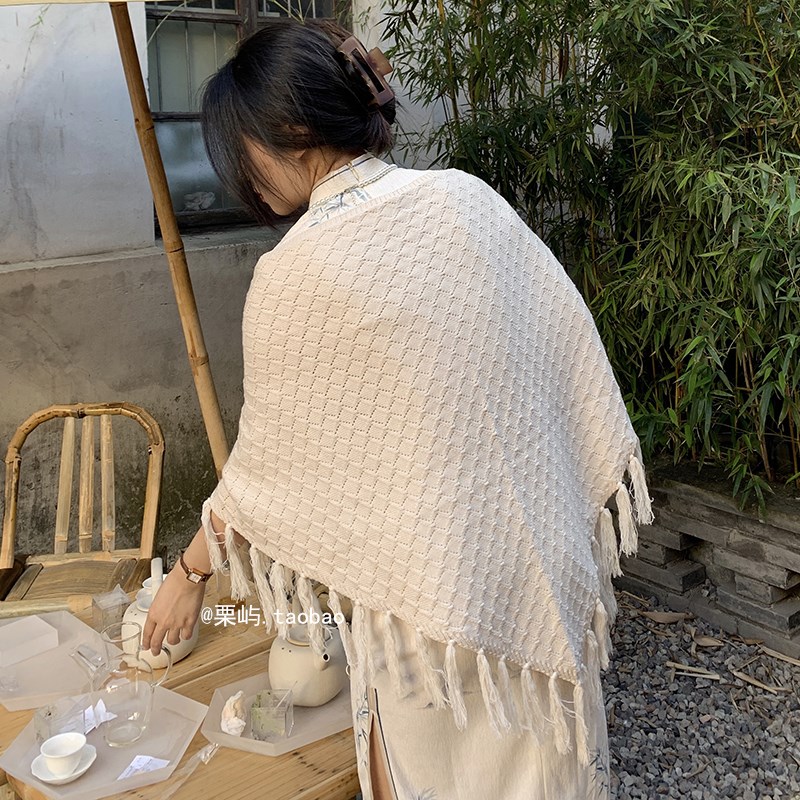 民国风复古文艺针织旗袍披肩女外搭搭配汉服宴会礼服春秋三角披巾