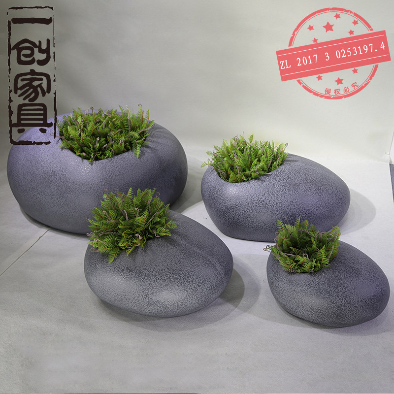 创意北欧石头花瓶鹅卵石状落地大花盆复古玻璃钢插花摆件懒人花器