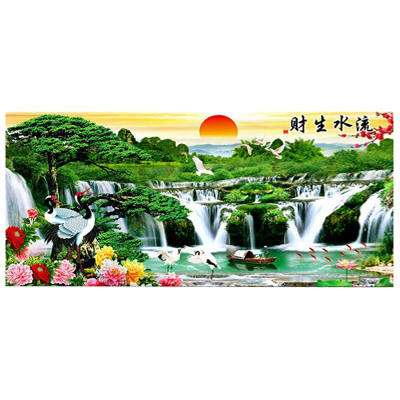 流水生财钻石画2024新款客厅满钻旭日东升砖石贴画十字绣山水风景