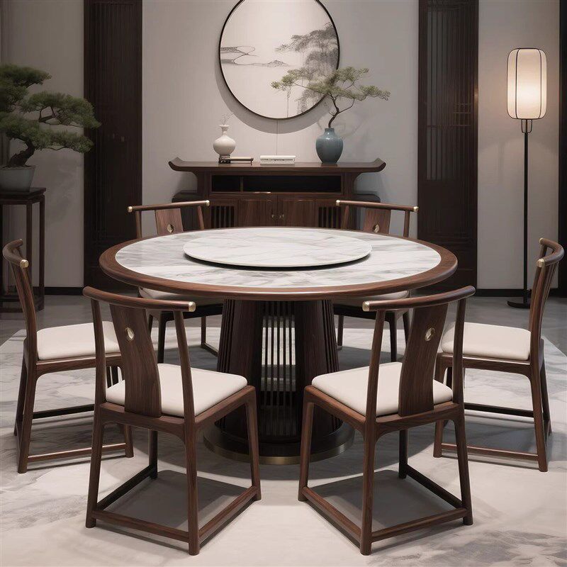 现代简约北美黑胡桃木岩板实木餐桌椅组合新中式饭桌转盘圆桌家具
