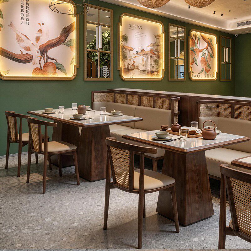 复古主题饭厅商用餐桌椅组合餐饮店咖啡厅茶楼茶餐厅藤编卡座沙发