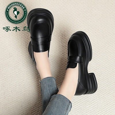 啄木鸟乐福鞋女舒适新款春秋季单鞋子厚底增高英伦风黑色小皮鞋