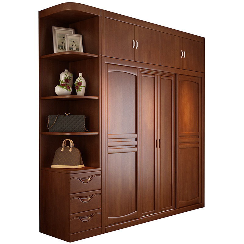 全实木衣柜 推拉滑移门卧室木质组装柜子 现代中式原木整体大衣橱