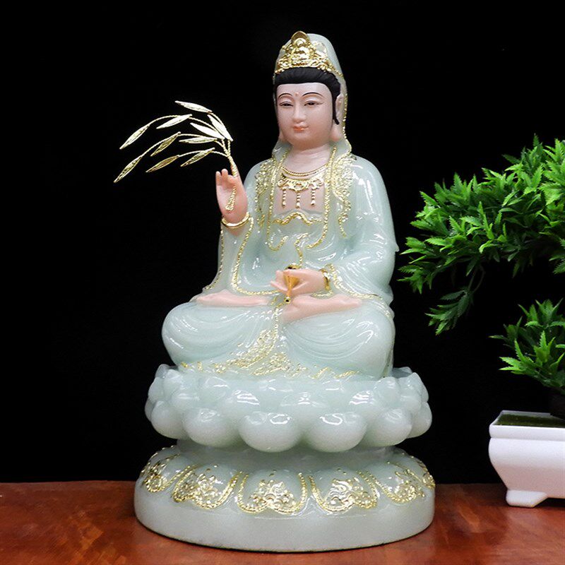 汉白玉观音佛像汉白玉佛像 翠玉观音菩萨像 绿色观音佛像居家供奉
