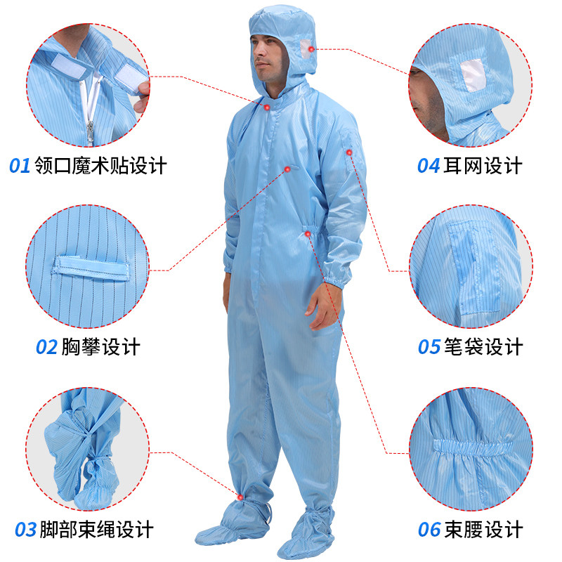 连帽连身防静电四连身无尘服车间洁净沙疗服防尘防静电衣连脚全身