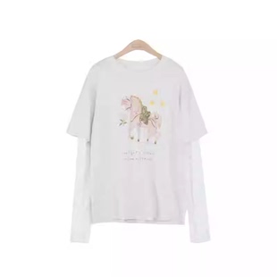 假两件长袖 王福贵定制～印花蕾丝袖 T3.24 花花T