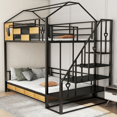 北欧铁艺小户型一房三床高架床阁楼复式二楼床双层床上下床三胎床