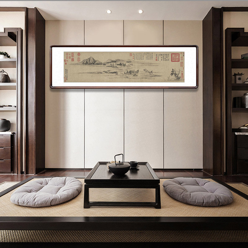 赵孟頫水村图国画水墨山水画中式客厅仿古装饰画书房茶室横版挂画