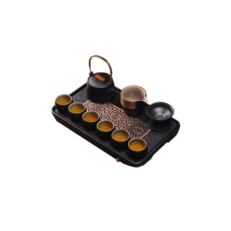 黑陶功夫茶具套装粗陶日式家用办公茶盘茶具黑禅风盖碗茶壶茶杯