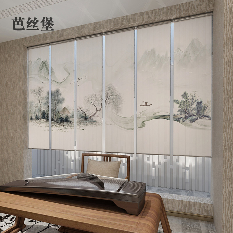 新中式挂屏风卷帘窗帘户软隔断办公室升降遮光家用客厅手拉山水画