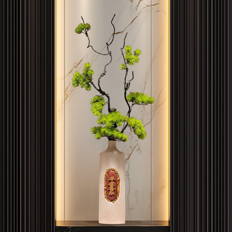 入门玄关隔断柜迎客松花瓶摆件新中式家居客厅电视柜细高插花花器