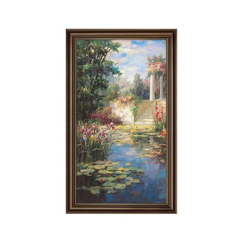 手绘油画荷花玄关装饰画复古风景走廊过道挂画欧式睡莲壁画高级感
