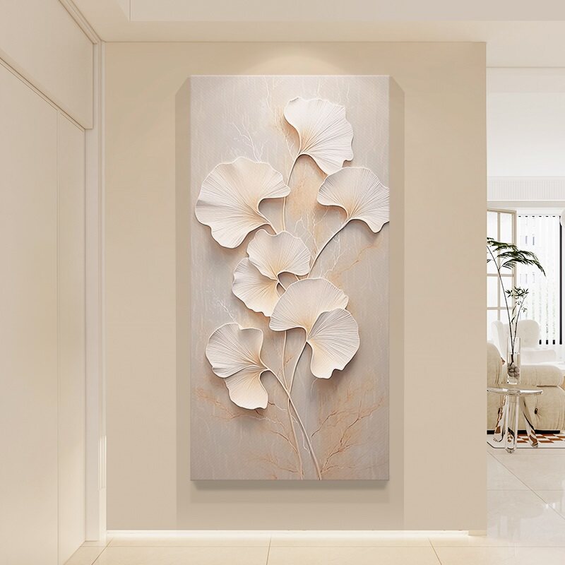 奶油风入户玄关装饰画走廊尽头竖版挂画进门好寓意银杏叶无框壁画