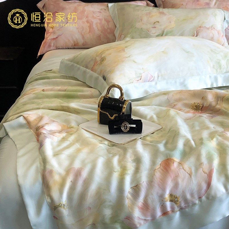 20%蚕丝夏季莱赛尔夏凉被四件套花卉印花空调被可水洗薄款绿粉色