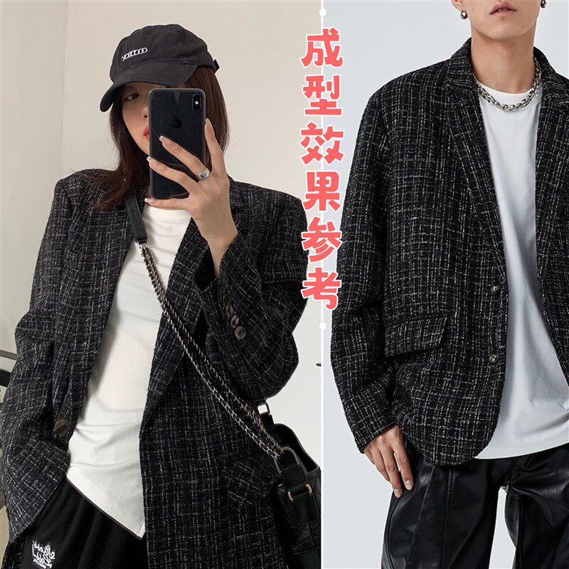 春秋新款黑色纺毛纱毛呢套装布料粗编织西装裙子西装短裤面料