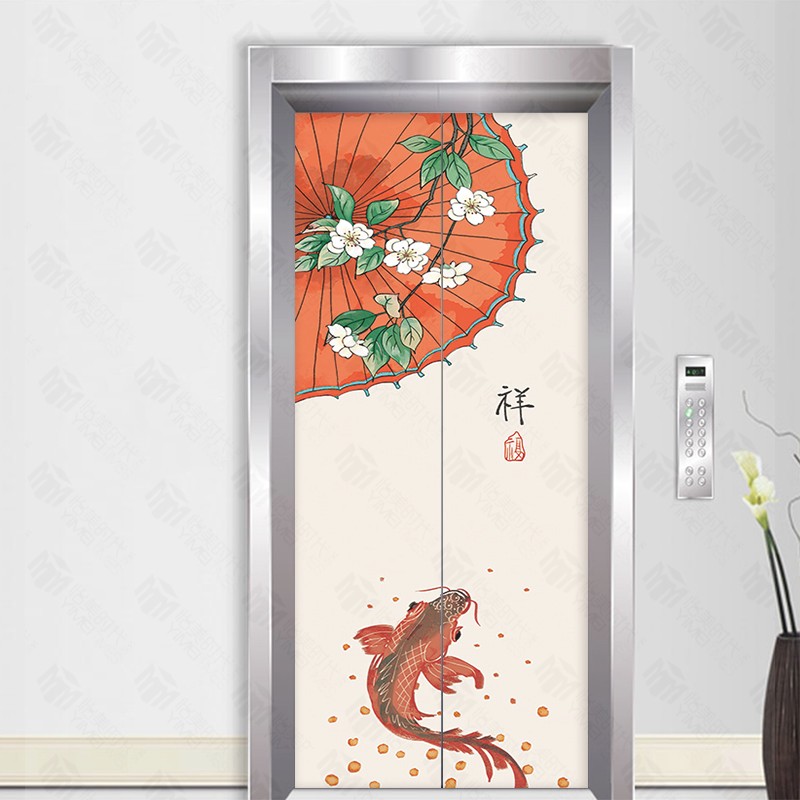 新中式电梯门贴纸防水创意翻新入户电梯门平安富贵装饰贴画自粘画