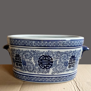 手绘喜字青花瓷大口花瓶摆件中式古香古色客厅富贵竹玄关收纳花盆