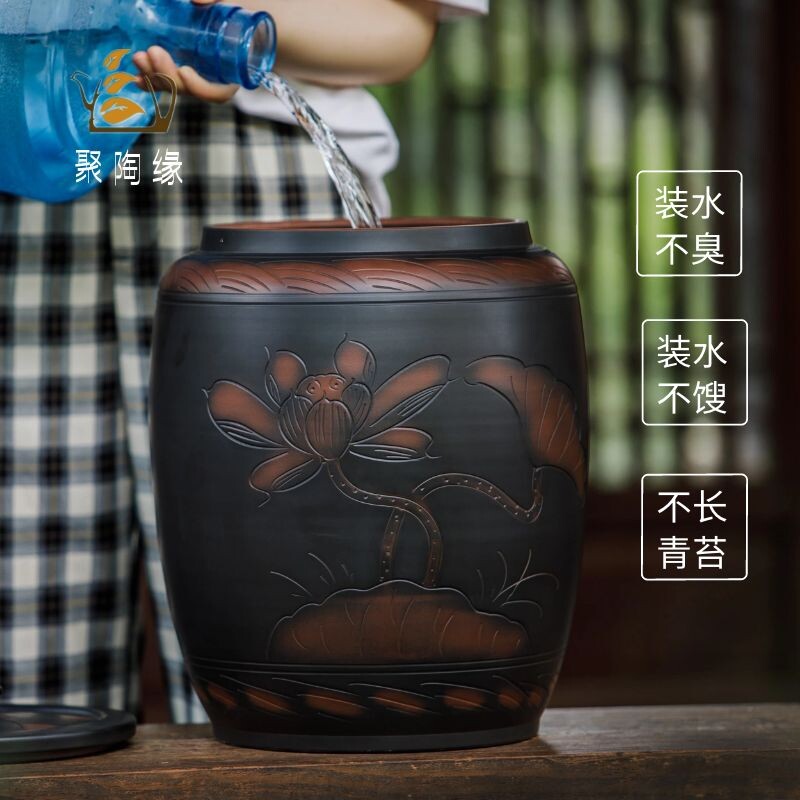 水罐陶瓷水缸家用储水用厨房纯净水桶茶道茶台泡茶老式陶罐抽水款