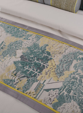 样板房间牀品软装家俱展厅牀上用品简约新中式布艺黄色绿色多件套