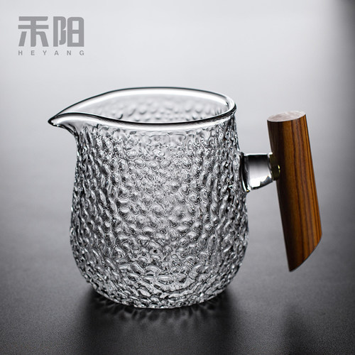 禾阳 公道杯玻璃耐热加厚防烫木把锤纹茶海公杯功夫茶具倒茶公杯