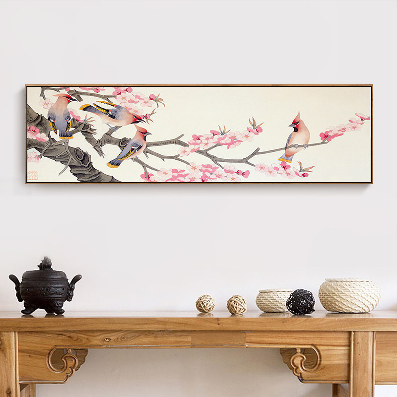 鹊栖桃枝图新中式卧室床头画客厅装饰画沙发背景墙壁画挂画有框