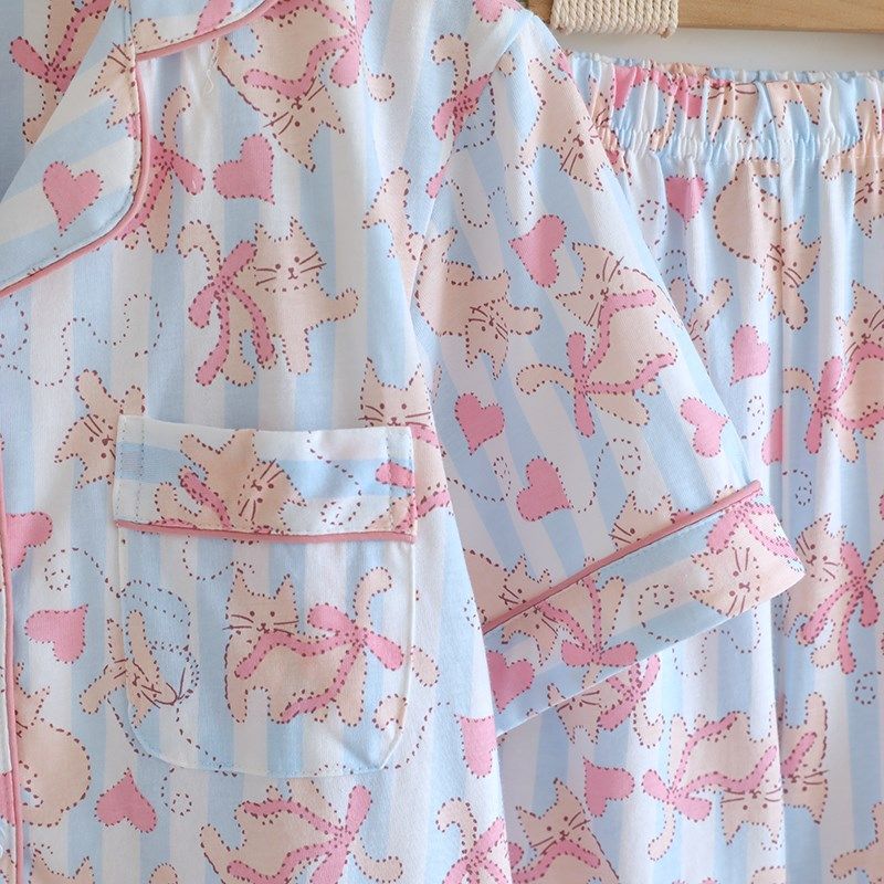 可爱猫咪针织纯棉睡衣女士夏季短袖短裤薄款家居服套装夏天开衫
