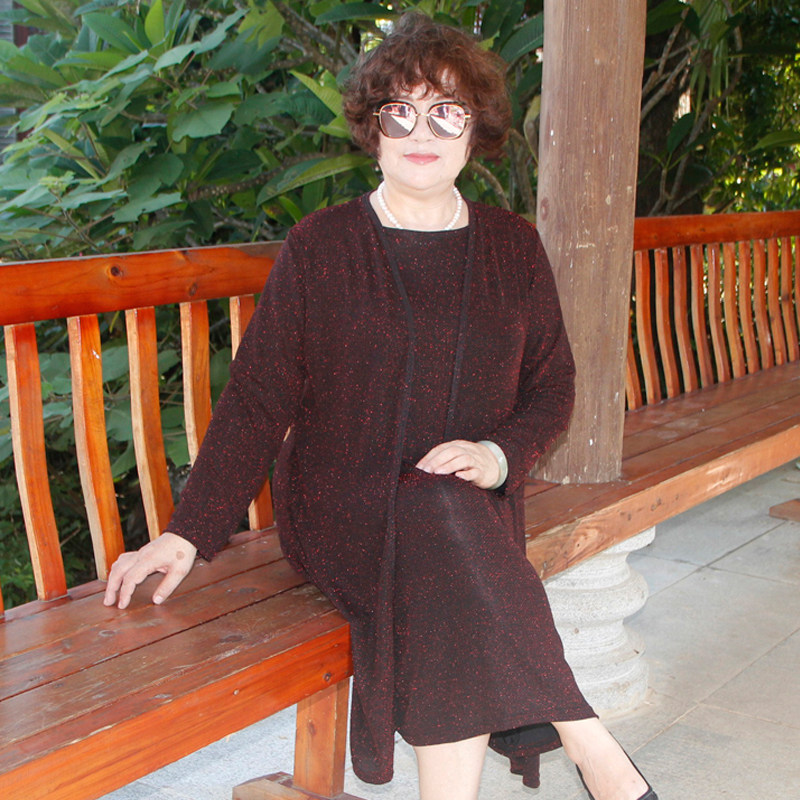 中老年女装春装中长款长袖连衣裙中年妈妈装假两件套大码秋装裙子