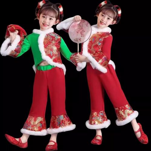 2024年旦新款儿童秧歌服女开门红演出服民族扇子舞红色喜庆打鼓服