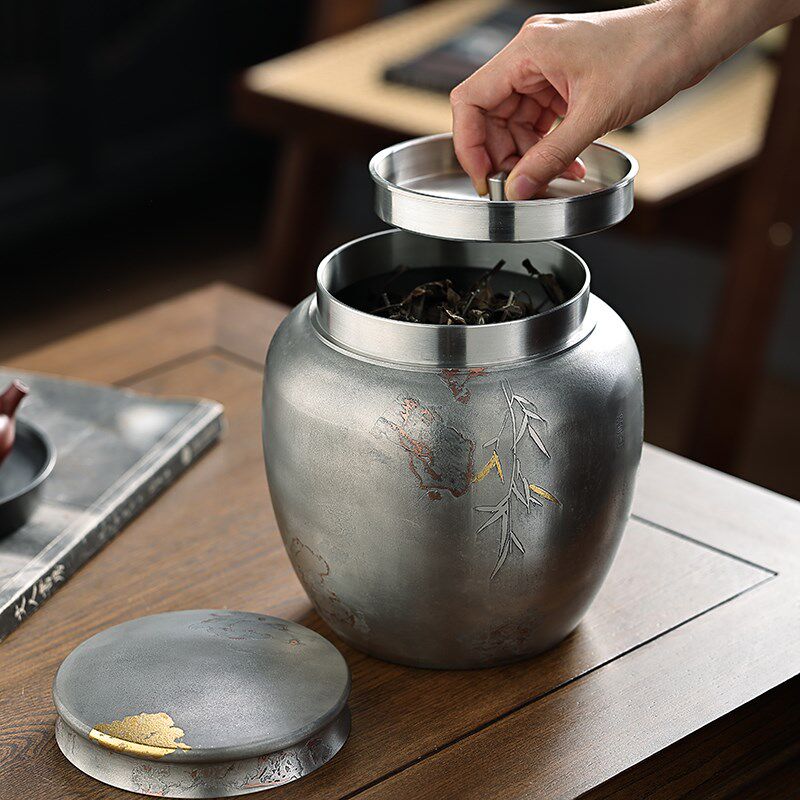 大号2斤茶仓 高纯度古锡罐子撒金茶叶罐密封储茶罐手工锡器陈茶罐