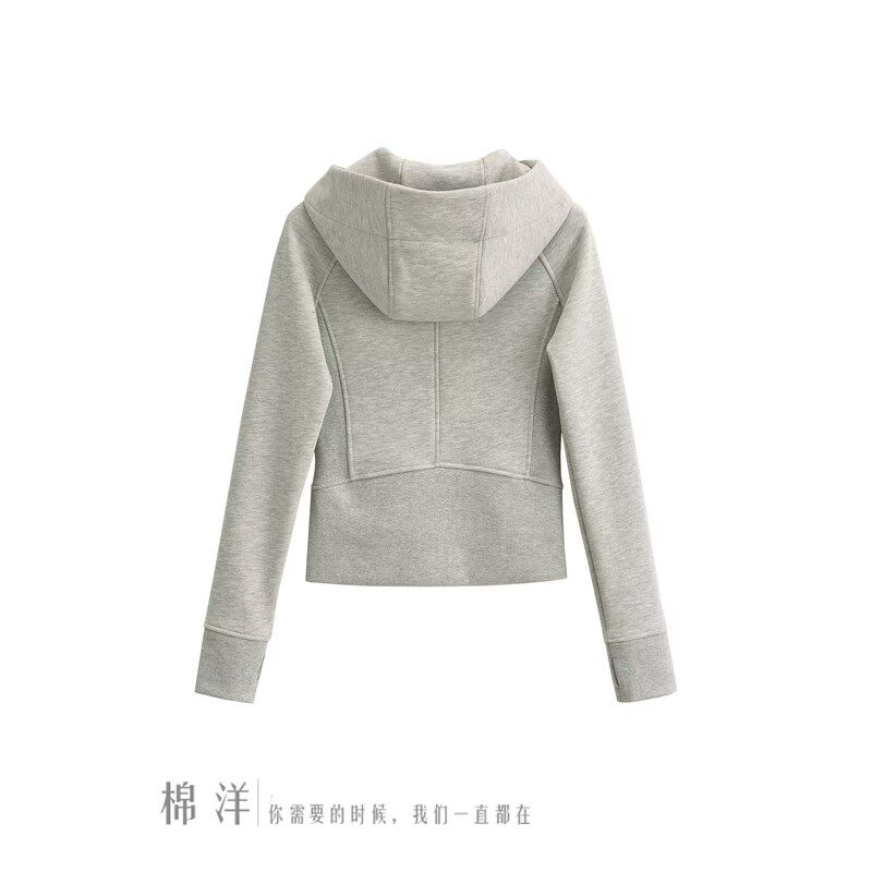 棉洋 时髦修身连帽拼接显瘦卫衣女 秋冬加绒复古双拉链健身小外套