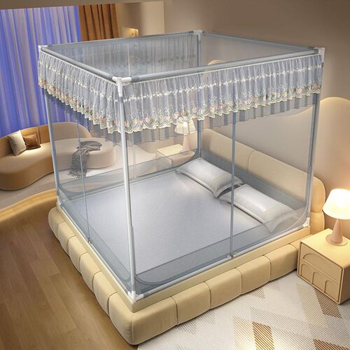 双层花边床笠式回底蚊帐T型3开门儿童防摔坐床全封闭方帐加厚支架