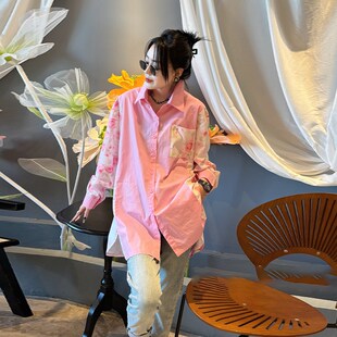 大码 翻领拼接撞色甜美长袖 上衣宽松遮肚子休闲百搭胖妹妹衬衫 女装