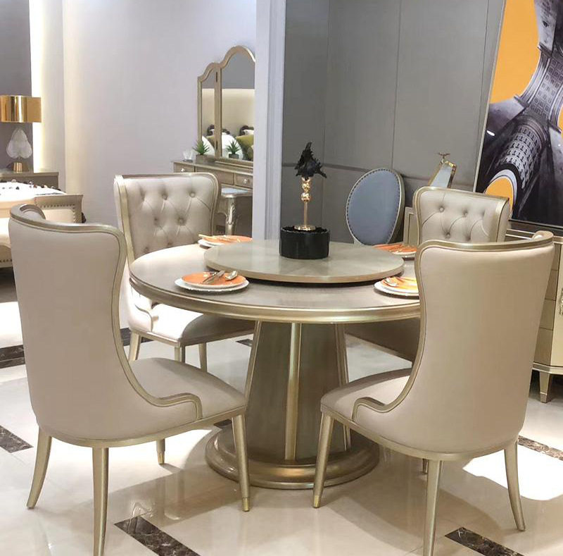 茹森 美式轻奢现代简约1.3米香槟色圆桌餐桌餐椅别墅整套家具