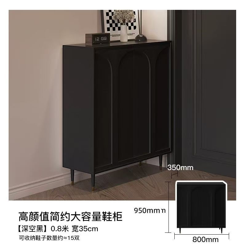 黑色鞋柜法式现代简约家用入户门口玄关储物柜网红靠墙一体鞋架