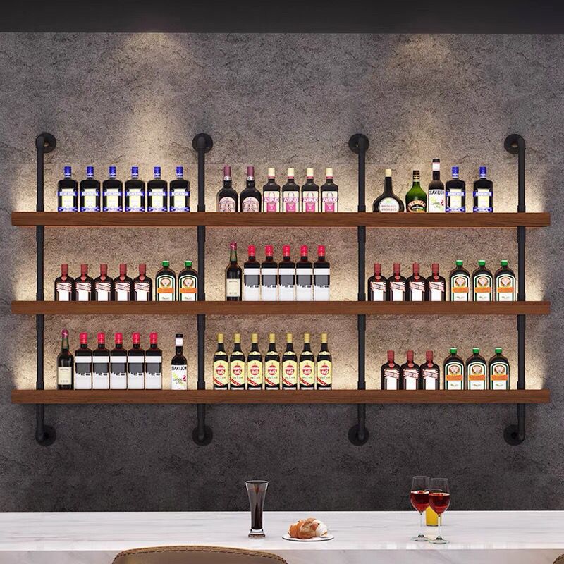 新款墙上酒架餐厅酒吧烧烤店吧台壁挂式靠墙铁艺多层实木置物架子