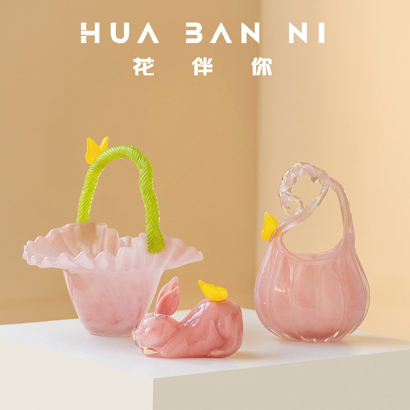 创意中古拼色提壶花篮花器法式手工琉璃玻璃花瓶插花提蓝花盆摆件图片