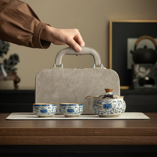 青花汝窑缠枝莲一壶二杯快客杯便携式户外旅行茶具套装企业印logo